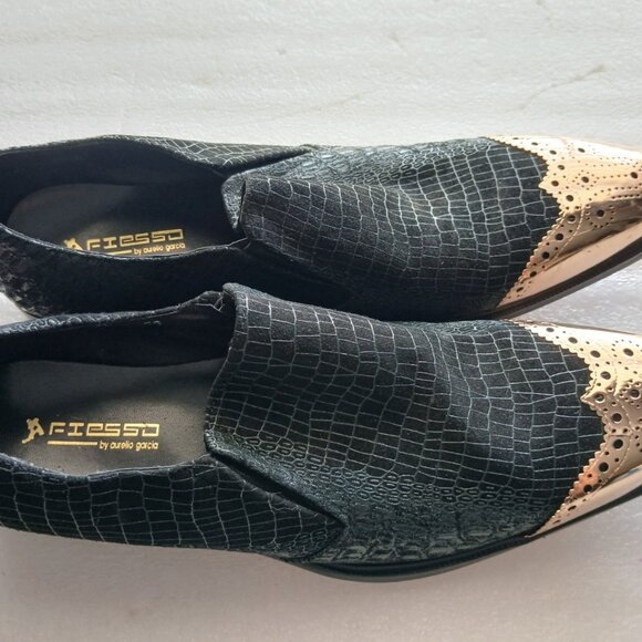 Fiesso by Aurelio Garcia Black Croc & Gold Toe Loafers Mens 13 Great Cond - Picture 6 of 13